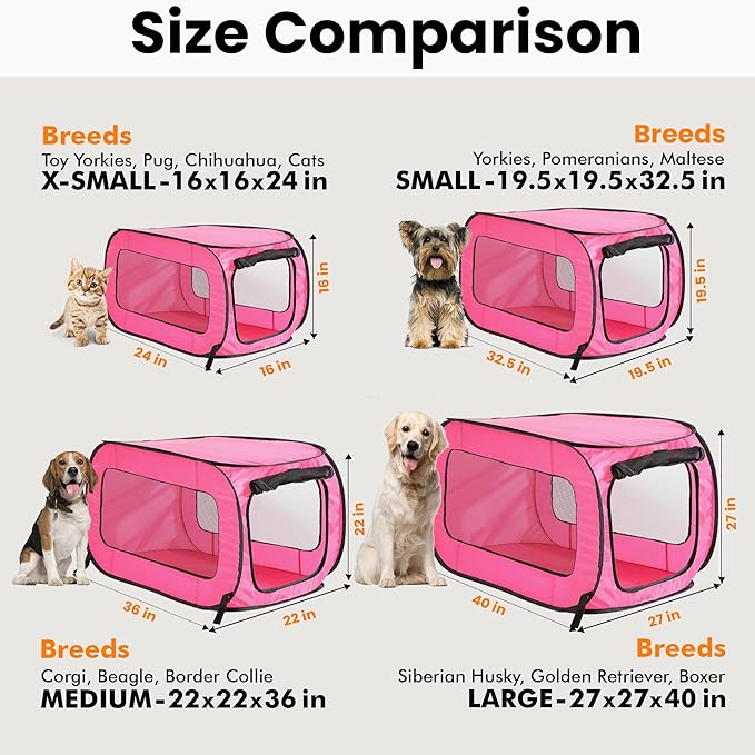 Portable Collapsible Pop Up Kennel, 36" L x 22" W x 22" H, Fuchsia | Collapsible indoor/outdoor travel cat and dog crate with mesh screen windows pops up and folds flat for easy storage