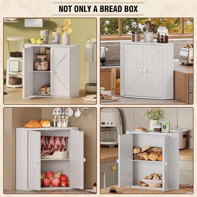 Trironsun Corner Bread Box for Kitchen Counter Double Layer Bamboo Bread Storage Container Large Capacity Bread Storage Bin Farmhouse Breadbox Organizer (White)