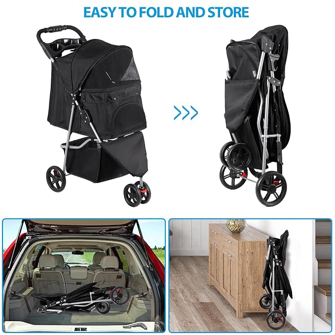 LEMY 3 Wheels Pet Dog Cat Stroller for Small Medium Dogs Cats,Black Foldable Jogger Travel Puppy with Detachable Carrier