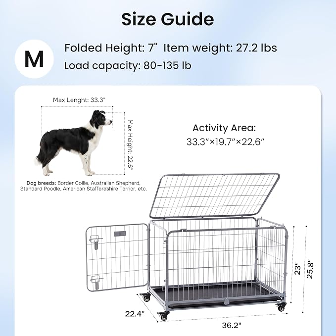 ZOMISIA Collapsible Dog Crate with Lockable Wheels - 36 inch Escape Proof Dog Kennel for Medium Dogs with Double Door, Easy Assembly Foldable Cage with Removable Tray, Indoor Outdoor Use,Silver Gray