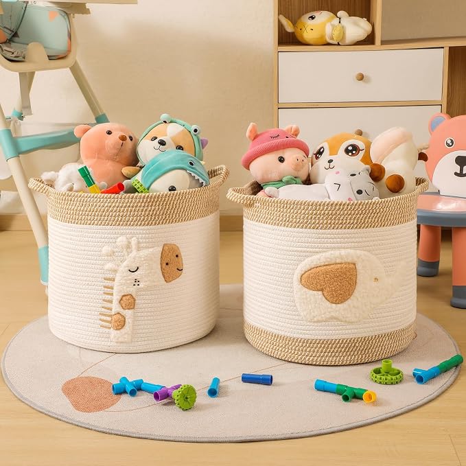 Large Blanket Baskets for Living Room Decor, Toy Storage Baskets 14" x 14" Woven Cotton Rope Storage Basket for Kids, Dog Toys Organizer Clothes Hamper with Embroidery for Nursery Laundry, Elephant