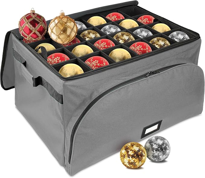 HOLDN’ STORAGE Premium Christmas Ornament Storage Box – Holds up to 72 4” Ornaments, Durable 600D Fabric, Adjustable Dividers, 3 Removable Trays – Metal Frame – Gray