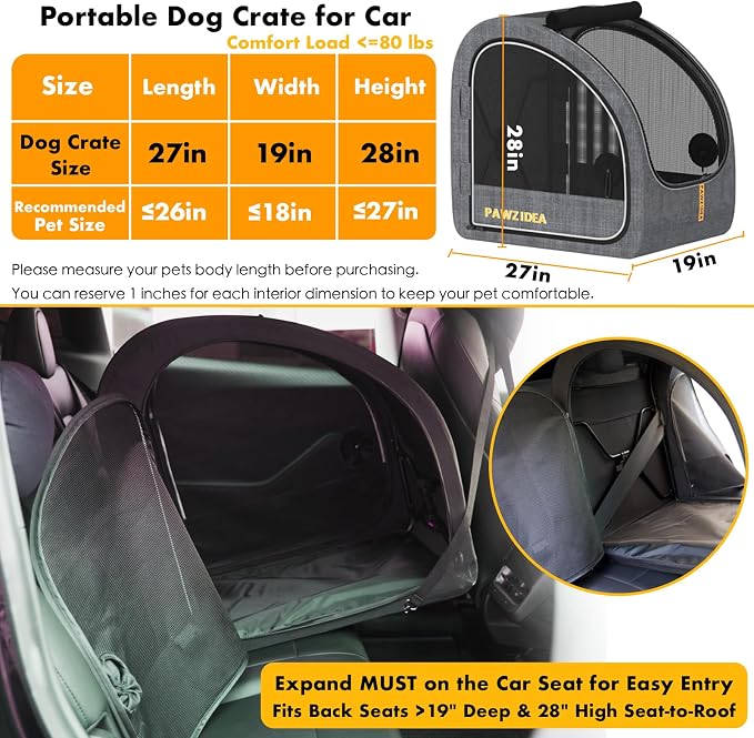 PAWZIDEA Portable Dog Crate for Car Travel, Medium & Large Dogs Up to 80lbs | Soft-Sided Dog Car Kennel for Backseat, Secures Seatbelt & Headrest Strap, Collapsible Enclosed Car Seat Carrier, Chew-Proof