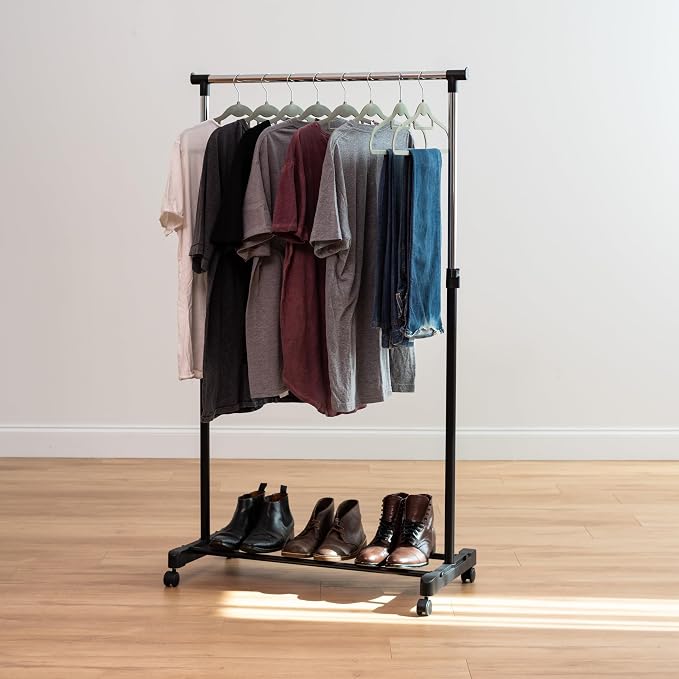 IRIS USA Single Rod Rolling Clothes Rack, Height Adjustable, Black | Adjustable hanging space for garments, accessories, and storage needs with smooth mobility