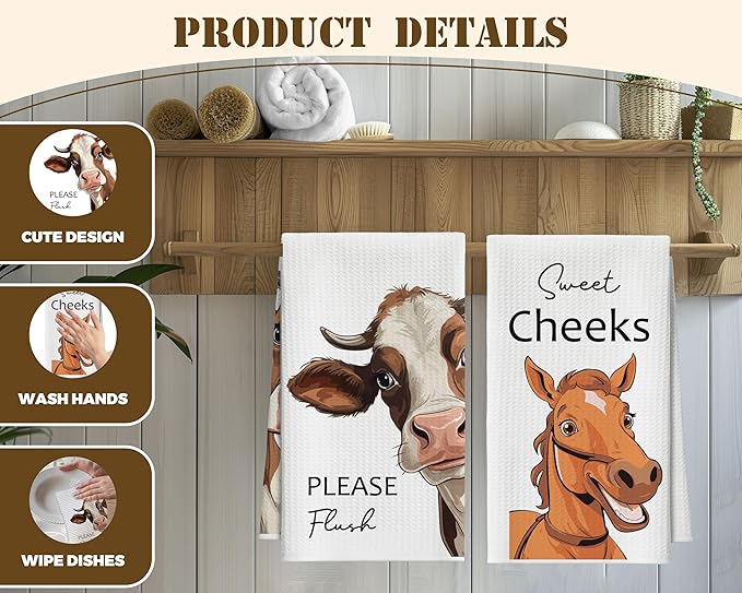Kitchen Towels Set of 2, Farm Animal Dish Towel for Kitchen, Cow Horse Bathroom Decorative Hand Towels, Fast Drying Tea Towel with Slogans, Housewarming Gifts for Women Mom -B24