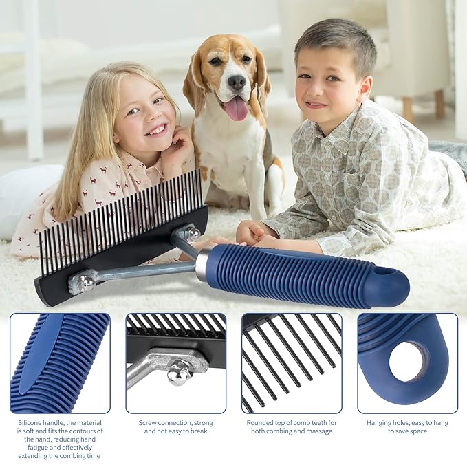 Undercoat Rake for Dogs, Long Tooth Grooming Rake + Stainless Steel Shedding Comb, Deshedding Brushes for Large Pet Horse Longhair Cat, German Shepherd Husky Brush