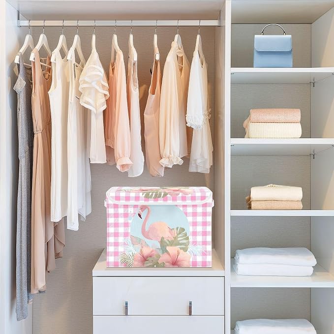 Fabric Storage Bins with Lid Flamingo Foldable Storage Boxes 40L Baskets | Decorative Storage Boxes, 300D Oxford Cloth, Hollow Board Frame, Flip Top Velcro Lid, 16.5x12.6x11.8 inch, Collapsible Design
