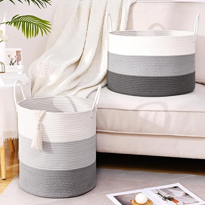 Laundry Hamper for Organizing, 52L Large Laundry Baskets, Cotton Rope Woven Blanket Basket, Collapsible Laundry Hamper for Living Room, Nursery, 15"×18", Gray