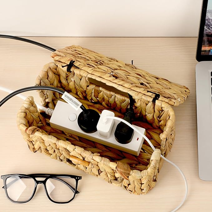 BTSKY Woven Cable Management Box with Lid Water Hyacinth Cord Organizer, S | Cable Organizer Box with 2-Open Slots to Hide Power Strips USB Hubs for Desk, Home & Office, Pet Proofing Cord Basket