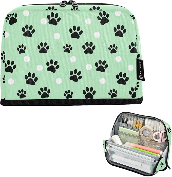 Aslsiy Large Capacity Pencil Case Pet Paws White Dots (1) Pencil Pouch for Boys Girls Portable Pen Bag Organizer Standing Makeup Bag for School Office Supplies