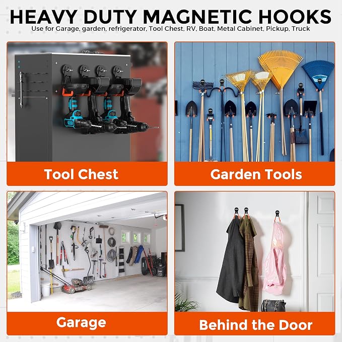Large Strong Magnetic Hooks Heavy Duty Garage Big Magnet Hooks Extra Strength Magnetic Utility Storage Hook Hanger with Anti Slip Coating for Garden Indoor Outdoor Hanging Tools 2 Pcs Orange