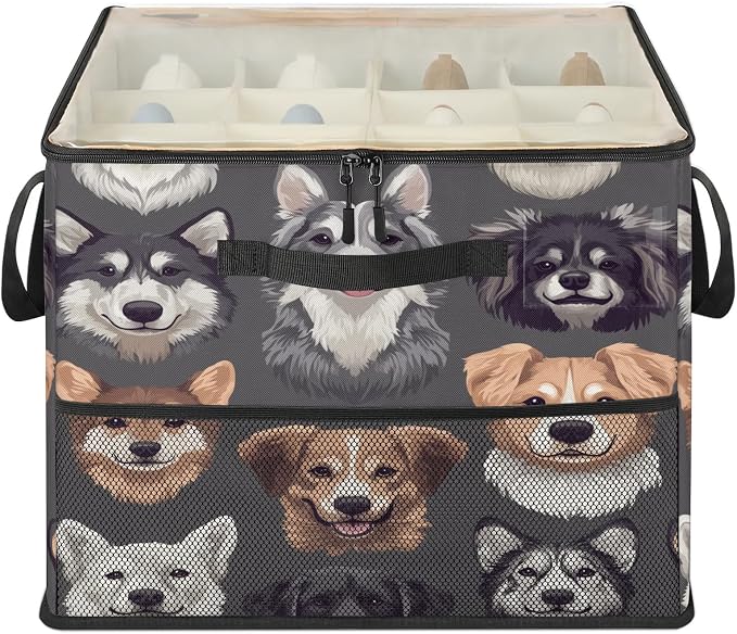 TropicalLife Cute Dog Faces Shoe Organizer for Closet | Foldable Shoe Storage Organizer Box Bin with Adjustable Dividers and Clear Cover, Fits up to 16-32 Pairs
