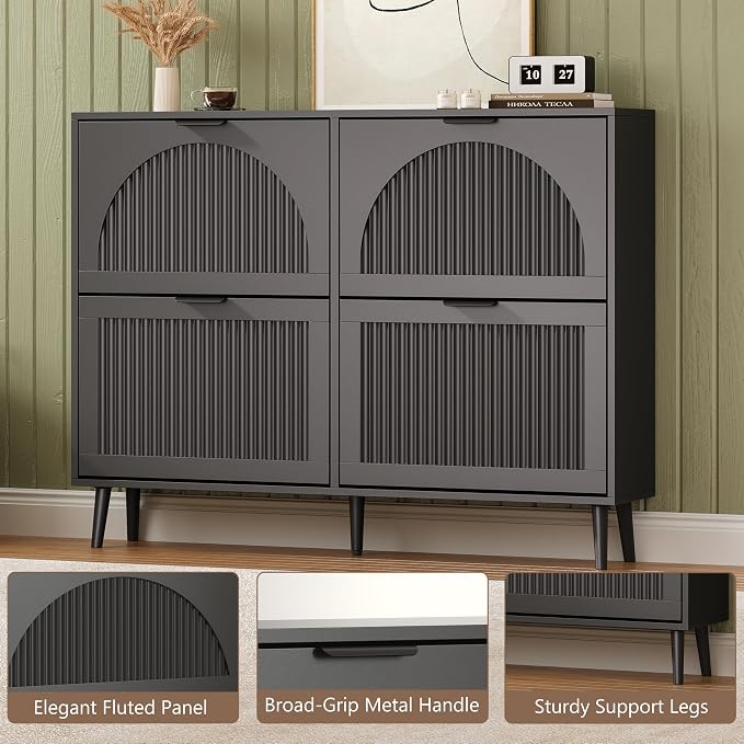 BORNOON Shoe Cabinet for Entryway with 4 Flip Drawers, Slim Wooden Shoe Storage Organizer with Modern Fluted Pannel，Freestanding Narrow Hidden Shoe Rack for Hallway, Foyer, Living Room