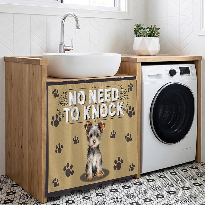 NO Need to Knock Cabinet Dishwasher Hidden Curtains, Privacy Closet Door Curtain, Terrier Puppy Paw Prints Pet Lover Farmhouse Adhesive Dust Proof Under Sink Skirt for Bathroom Kitchen 35"x35"