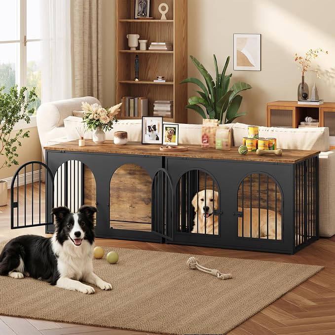 YATINEY 37.4" Dog Crate Furniture Foldable, Assembly-Free Dog Kennel | Arched Design, Collapsible Dog Crate, Dog Cage End Table, with Secure Door Lock, for Living Room, Hallway, Bedroom