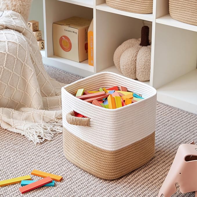 R RUNKA Storage Cube Baskets for Organizing -3 Pack -11 inch Square Baskets for Cube Storage, Closet Storage Bins-Woven Cube Storage Bins for Shelves- Ideal for Toy Storage |White & Khaki