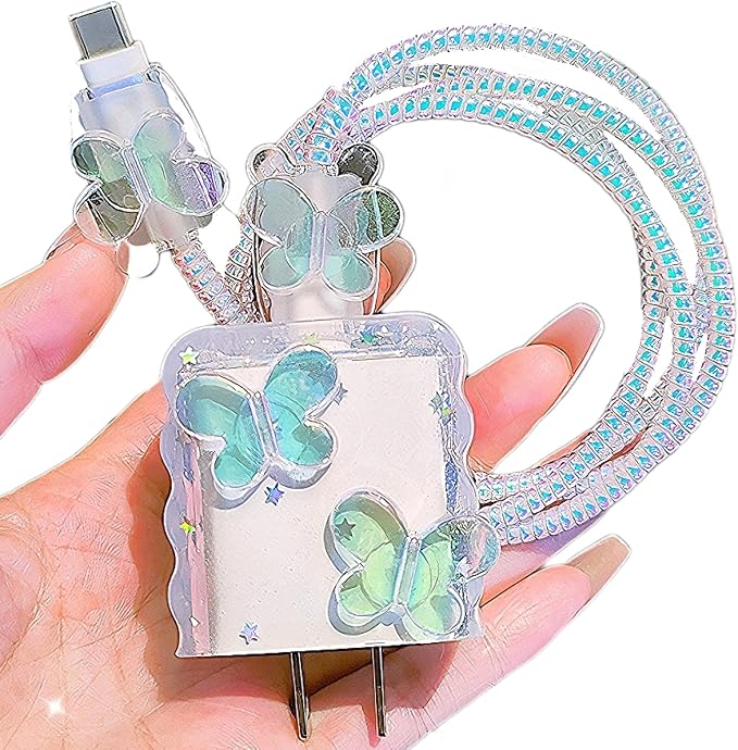 Cute Cable Protector for iPhone Charger Cover,Elegant 3D Butterfly Design for Women Girl,Wire Saver Charger Protector,Wavy Shape Charging Cord Protector for iPhone Adapter 1112 13 14 15 16 17 Pro Max