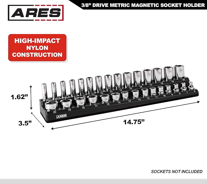 ARES 70235 30-Pc 3/8-In Metric Magnetic Socket Organizer | Part No. 70235; Securely Holds 15 Standard and 15 Deep Size Sockets in Place