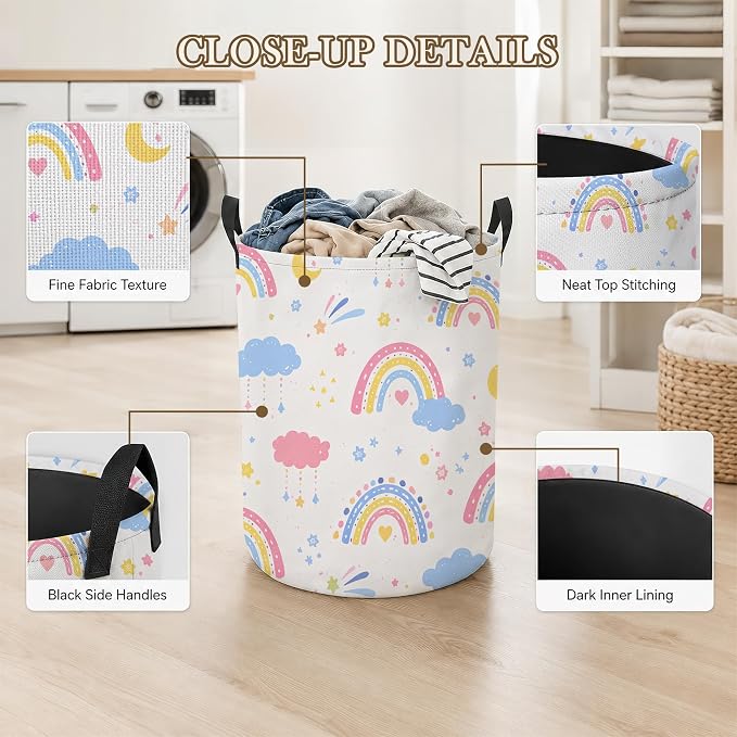 Rainbow Clouds Laundry Basket, Foldable Oxford Cloth Moon Stars Laundry Hamper with Handles, Tote Bag Clothes Storage Bucket for Laundry Room/Bathroom/Bedroom/Dormitories 20.8"x16"