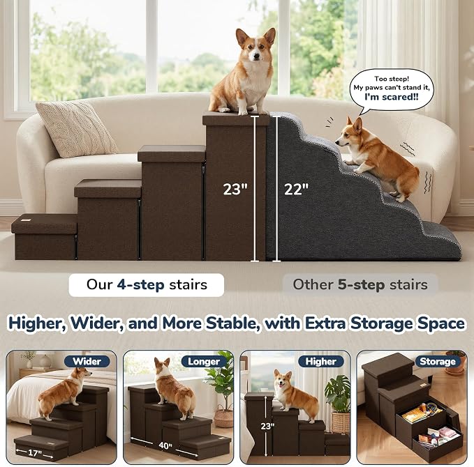 4-Step Wide Dog Stairs with Storage 23" H, Non-Slip Sturdy Pet Steps for High Bed Couch Window, Pet Stairs for Small/Medium/Large Old Dogs Cats Up to 220lbs, Cat Dog Steps for Car/SUV, Coffee