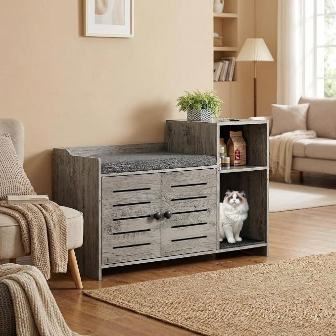 Cat Litter Box Enclosures, Large Hidden Cat Litter Box Furniture with Double Door, Wooden End Table Litter Box Cabinet with Storage Shelf, Cushion & Litter Mat, Dog Proof Design, Modern Cat House