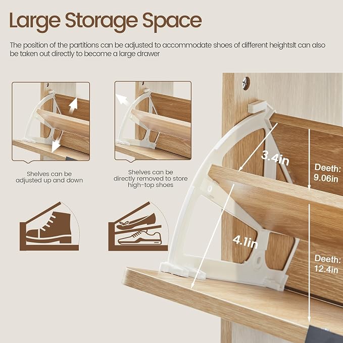 FurSch Fluted Shoe Storage Cabinet with 2 Flip Drawers | Narrow Shoe Rack Cabinet Organizer, Adjustable & Removable Shelves, for Entryway