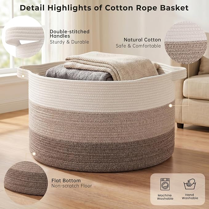 OIAHOMY 90L Extra Large Blanket Basket - Decorative Cotton Rope Storage Basket for Bedroom, Living Room & Nursery - Woven Laundry Hamper for Organizing Blankets, Clothes & Toys - Gradient Brown