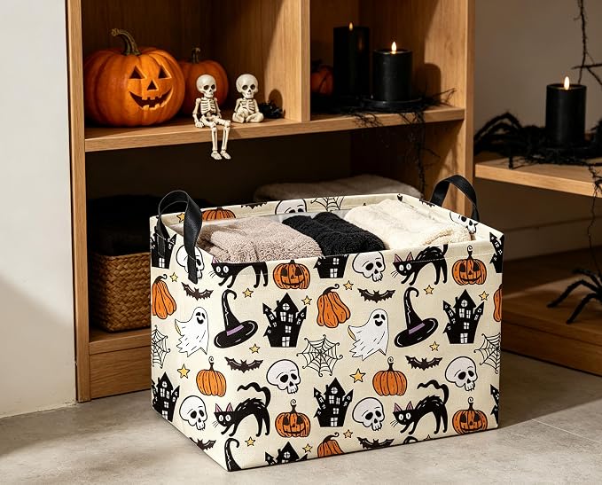 Rectangle Kids Baskets Halloween Basket Cute Storage Bin for Room Decor Gift Basket(Horror Halloween)