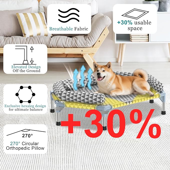 Kuntrust Orthopedic Dog Bed for Medium Dogs，U-Shaped Bolster ，Up to 100 lbs | 6-Sided Design，Elevated Dog bed，Breathable Fabric, Dual-Layer Cotton, Stainless Steel Frame, Anti-Slip Feet