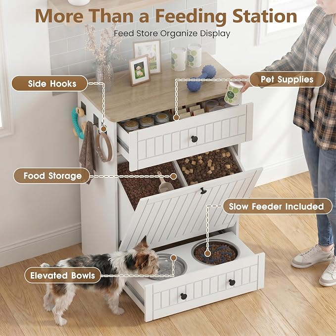 Dog Feeding Station Cabinet Elevated Bowls (White, Classic Panel) | Slow Feeder Insert, Large food bin, Removable Divider, 3 Side Hooks, Pull-Out Drawer, Easy to Clean for Small & Middle Dogs