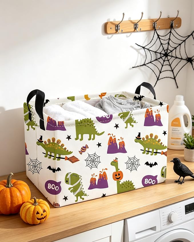 Essme Rectangular Dinosaur Helloween Basket,Kids Storage Bins Organizer with Handles for Room Decor, Gift Basket.(Dinosaur Halloween)