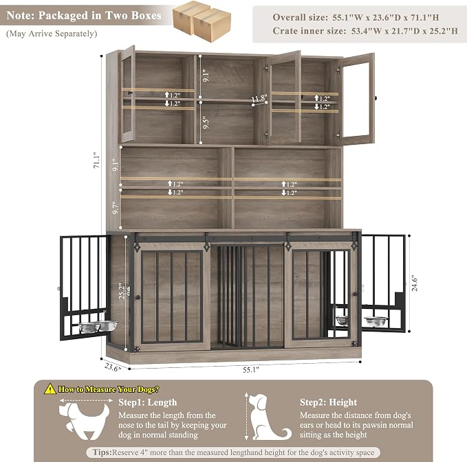 HOSTACK 71" Tall Dog Crate Furniture, Indoor Dog Kennel with Storage, Grey | Removable Room Divider, 4 feeding bowls, Adjustable Shelves, Metal Lock & Spring Latch, Farmhouse Pet House for XL/XXL Dogs