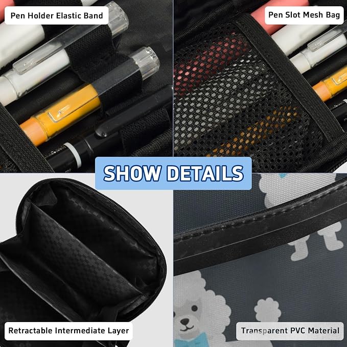 Cute Pets Poodle Black pattern Large Capacity Pencil Case with Zipper Water Resistant Portable Organizer Pen Bag for School Office Students