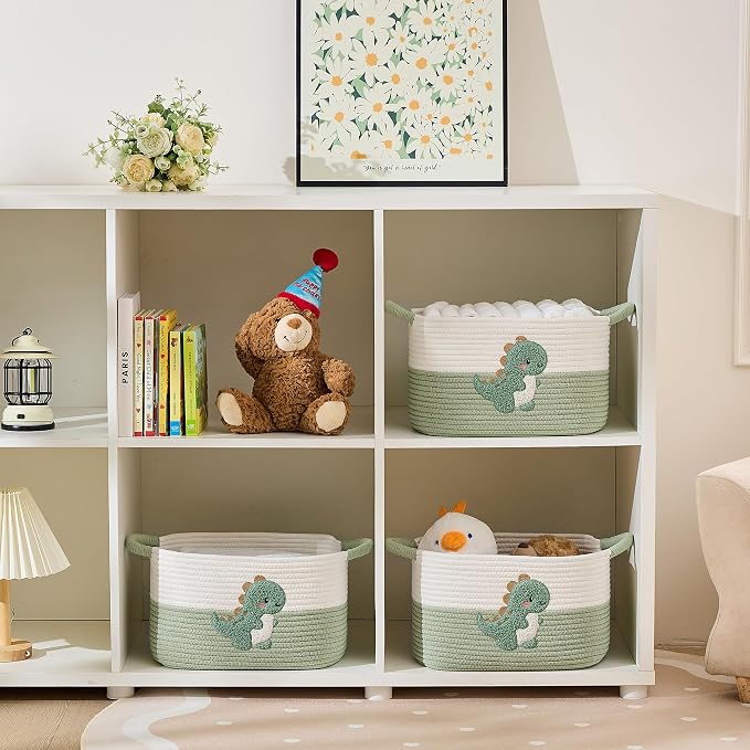 Storage Basket, Woven Baskets for Shelves, Green Dinosaur | 3 Pack Boho Cotton Rope Storage Baskets, 14" x 9" x 8", Home Organizer for Nursery, Holds Toys, Books & Towels
