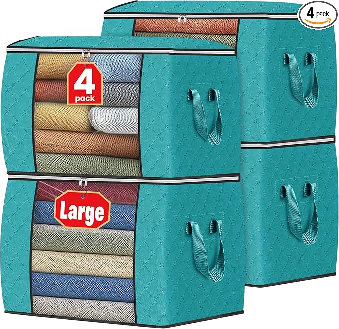 90L Clothes Storage, Foldable Thick Fabric Blanket Storage Bags | Foldable Containers with Zippers,Window and Handles for Organizing Bedroom, Closet, Comforter, Bedding,Dorm essentials