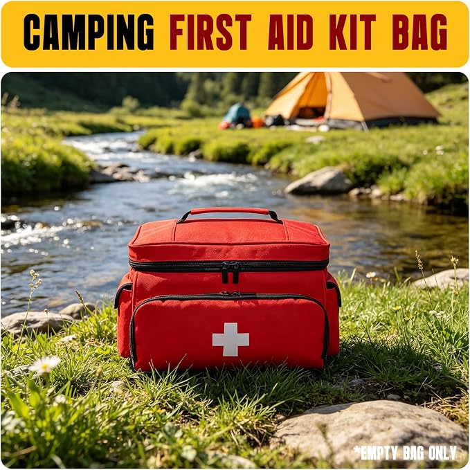 Small First Aid Bag Empty Medical Bag Red Pill Bottle Organizer Case, Portable Emergency Bag Travel Medicine Kit Storage 12" x 9" x 7" First Aid Box for Car, Home, Office, Dorm, Camping (Red)
