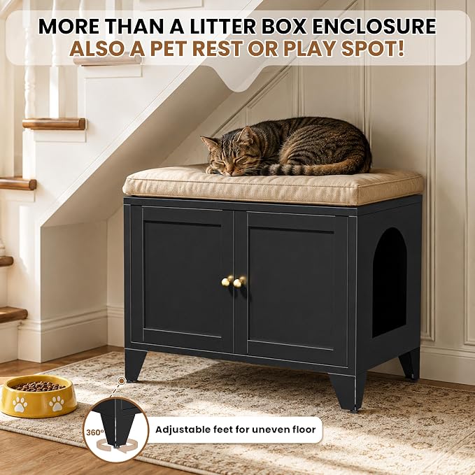 Metal Cat Litter Box Enclosure Furniture, Hidden Cat Washroom Cabinet with 2 Doors, Modern Pet Cabinet for Litter Box or Cat Bed, Dog Proof Indoor Cat House, End Table, Nightstand, Black