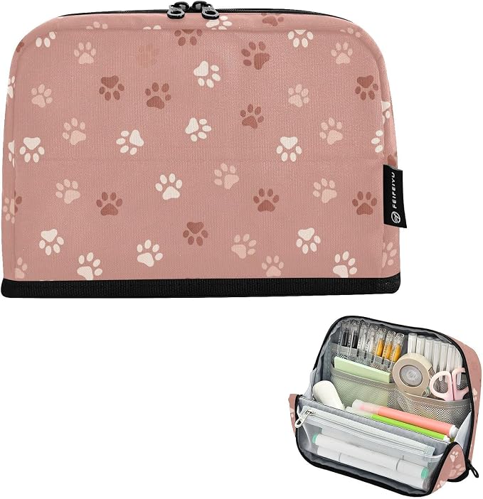 Aslsiy Large Capacity Pencil Case Rose Gold Pet Paws (1) Pencil Pouch for Boys Girls Portable Pen Bag Organizer Standing Makeup Bag for School Office Supplies
