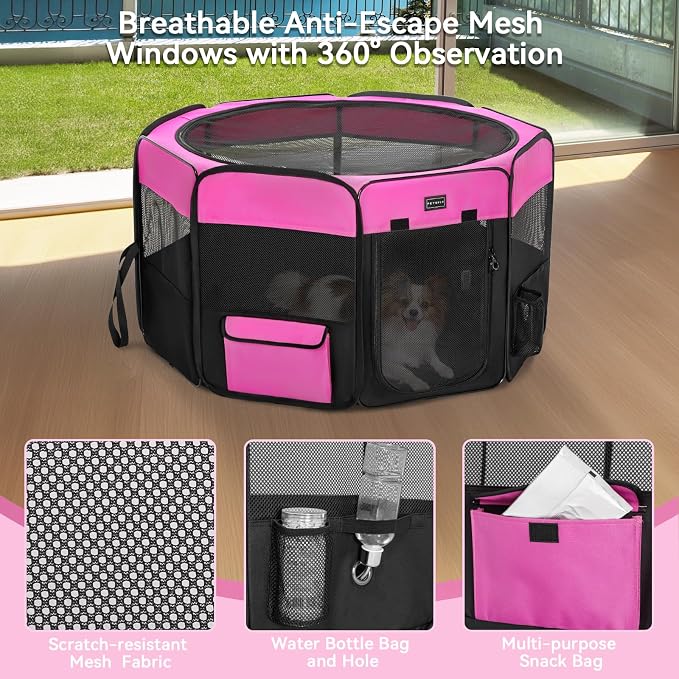 PETSFIT Portable Dog Playpen 29", Removable Waterproof Mat, Zippered Roof | 3-Second Setup, Collapsible Storage, RV Camping Travel, Indoor Outdoor Use, Small Dogs and Cats, 29.5"L x 29.5"W x 16.5"H