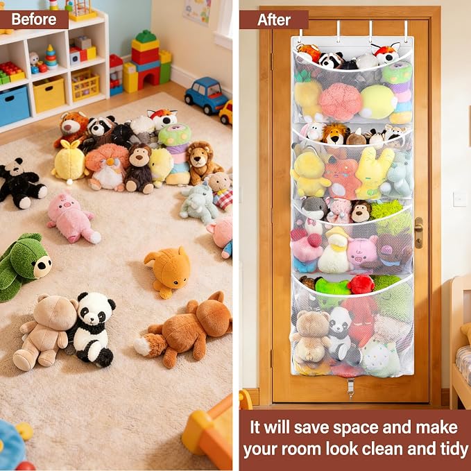 Over Door Stuffed Animal Storage, Hanging Plush Toy Organizer Holder | Behind Door Organizer with 4 Large Pockets, Mesh Hammock Bag for Doll & Bear Stuffies, Idea for Girl Boy Kid Nursery Closet