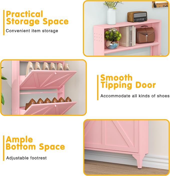 Shoe Cabinet with 2 Flip Drawers, Narrow Shoe Storage Cabinet, Farmhouse Shoe Organizer, Freestanding Organizer with Metal Legs for Entryway, Foyer (Pink, 2 Door)