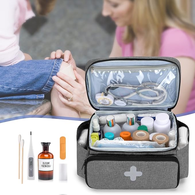 Small Medicine Storage Bag, Empty Family First Aid Kits Case, Gray | Emergency Medical Supplies for Home Care, Pill Bottle Organizer, Multifunctional Bag for Medical Use, Dormitory, Travel