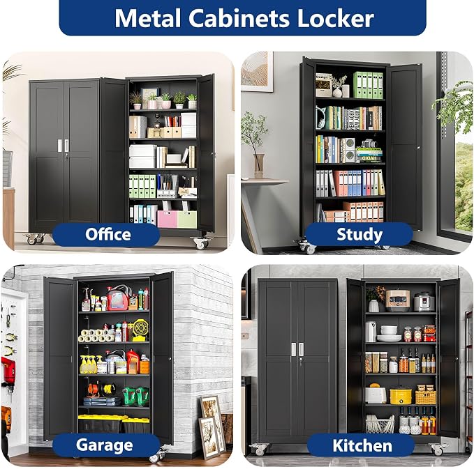Ckzbx Metal Garage Storage Cabinet with Locking Doors and Adjustable Shelves,71" H Rolling Tool Storage with Wheels for Garage,Office (Black)