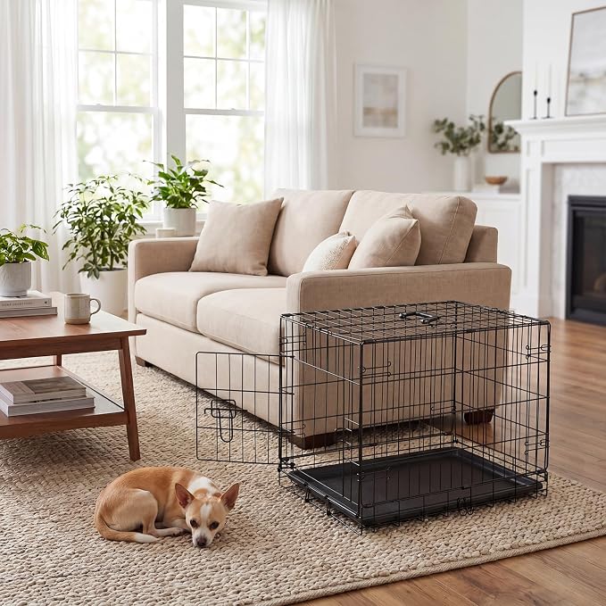 Small Dog Crate 30 Inch, Metal Wire Foldable Dog Cage Kennel | Single Door, Secure Lock, Plastic Leak-Proof Pan Tray, Indoor Outdoor Training Pet