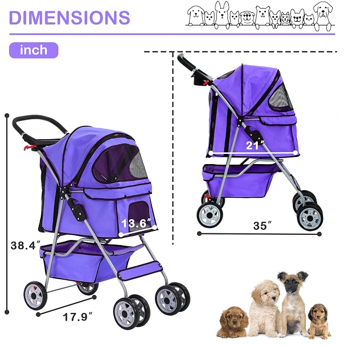 Pet Stroller,4 Wheels Dog Stroller with Storage Basket,Compact Portable Folding Carrier for Travel,Camping,Dog Carrier for Small Medium Dogs Or Cats,Lightweight Waterproof Pet Stroller,Purple