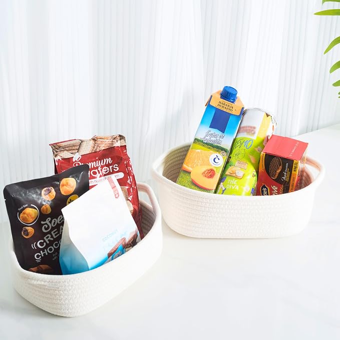5-Piece Small Decorative Woven Storage Baskets Set for Shelves, Bathroom, Pantry and Nightstand Organizer, Catch All Tray for Organizing Gifts, Dog and Cat Toys, Creamy White