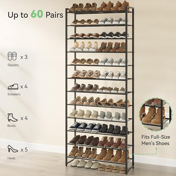 Nunsino Shoe Rack for Closet, Metal Shoe Organizer,12 Tier Garage Shoe Rack Max Holds 60 Pairs,Shoe Storage Shelf,Entryway, Black