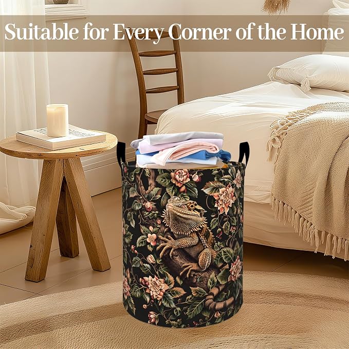 Bearded Dragon Laundry Basket, Vintage Floral Foldable Oxford Cloth, Waterproof Dirty Clothes Hamper with Handles, Clothing Storage Bin Toy Organizer for Bedroom Dorm Bathroom, 19.7"x15.7"