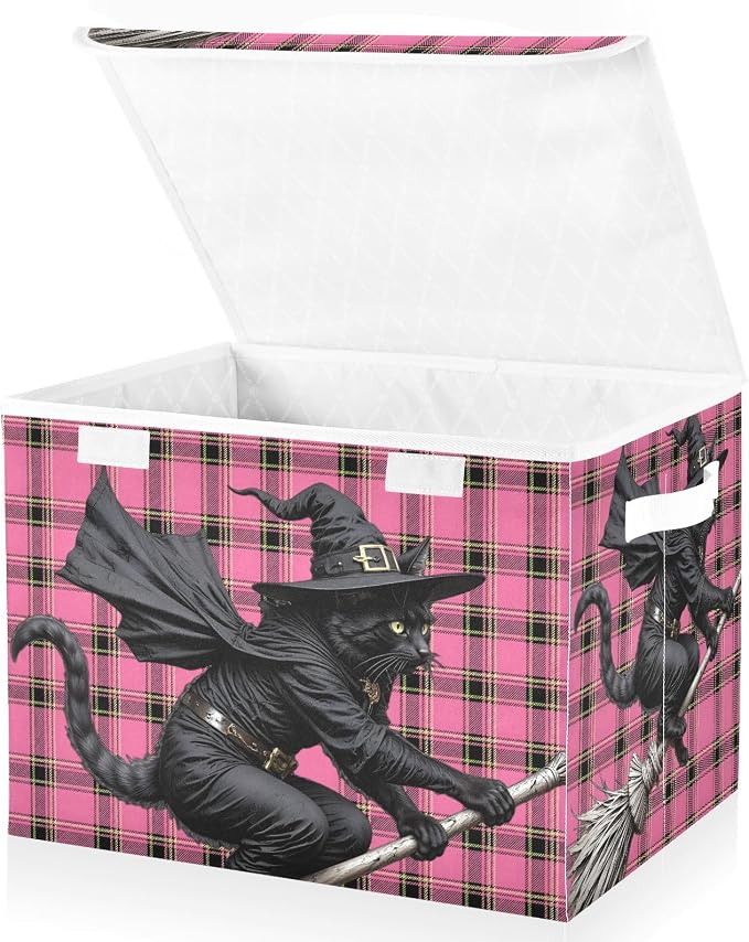 Fabric Storage Bins with Lid Black Cat Closet Storage Basket 40L | Decorative Storage Boxes, Foldable & Stackable, Dust-Proof Flip Top, Reinforced Handles, For Home & Dorm, Clothes & Toy Box