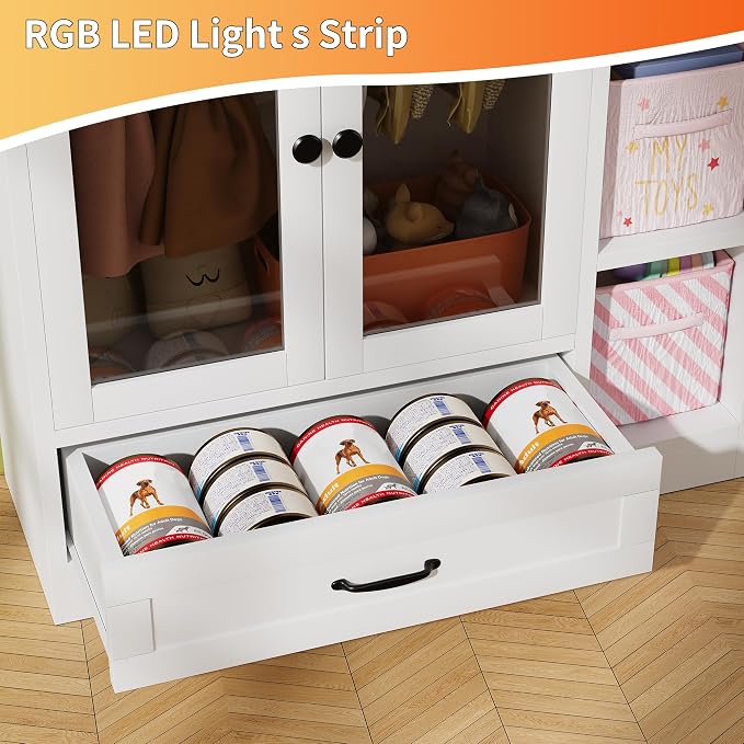 Pet Wardrobe Cabinet, Dog Clothes Closet with RGB LED, Acrylic Door & Drawer, MDF Wooden Storage Organizer for Cat Dog, White